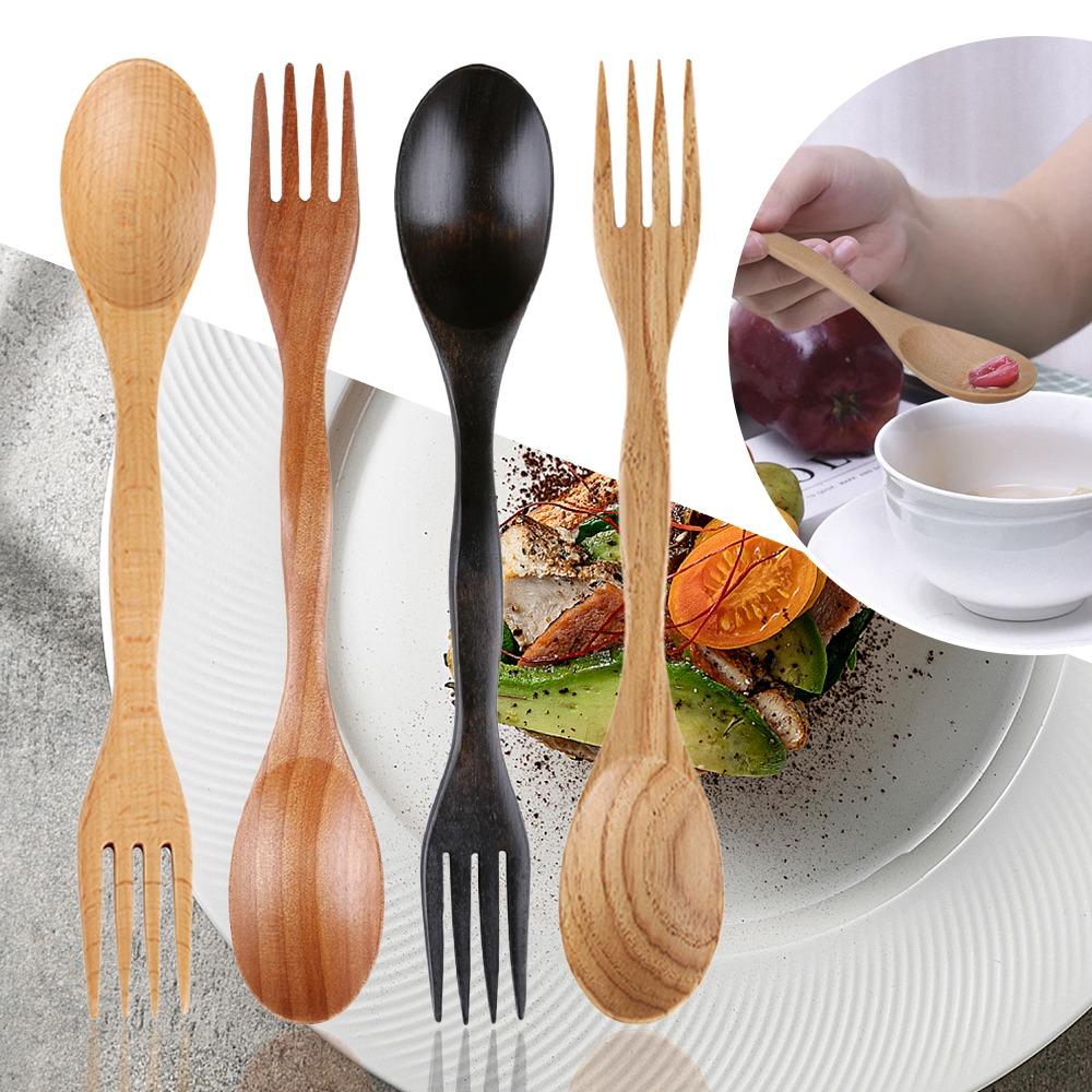 Cutlery Dinner Fruit Spoon Fork Natural Wood 2 In 1 Dual Head