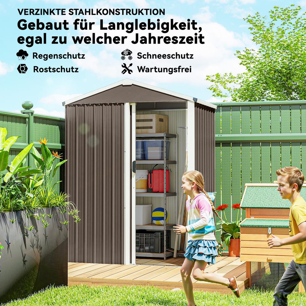 Metal Equipment Shed 1.1 m², Garden Shed with Gable Roof, Lockable Sliding Door, Gloves, 136 x 87 x 179 cm
