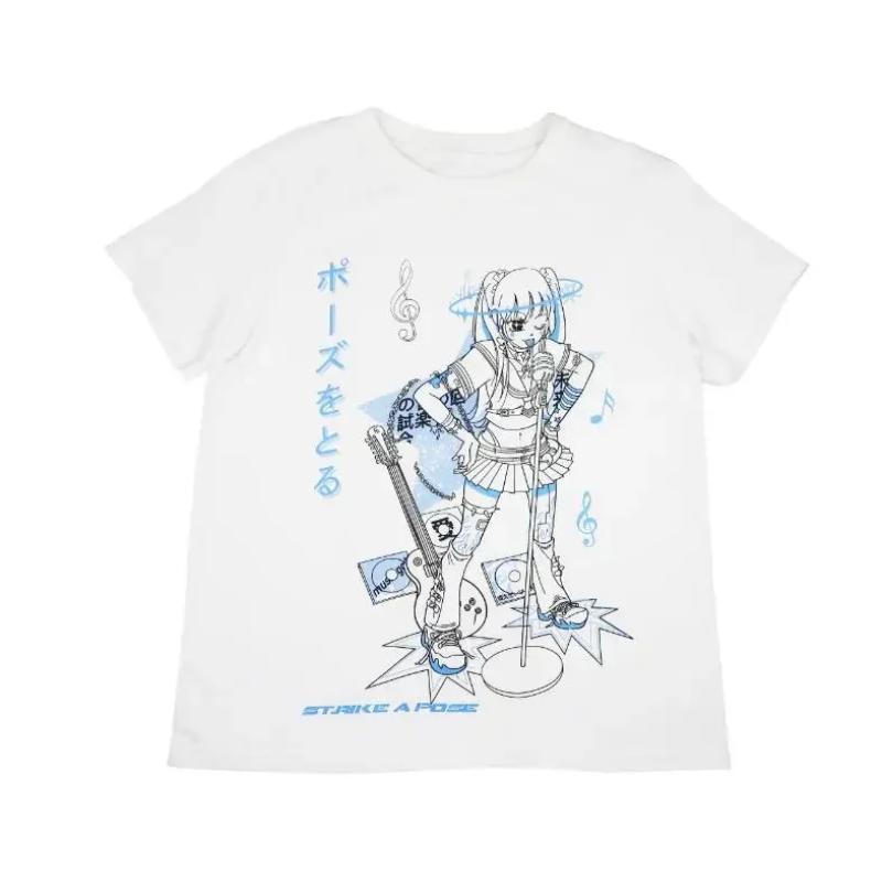 Женская футболка большого размера Kawaii Goth Harajuku Music Girl Print Black Crop Top Short Sleeve Женские футболки Y2k Mujer Grunge Kpop