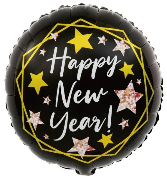 Balon Foliowy Okrągły Happy New Year Czarny 45 Cm