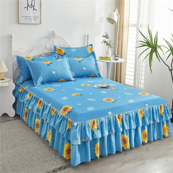 Floral Printed Bedspread Bedskirts Set 3PCS Bed Fitted Sheet With 2 Pillowcases Soft Breathable Bed Mattress Cover Protector Mat