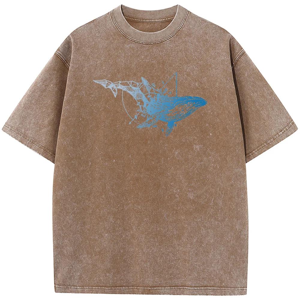 Футболка унисекс с принтом кита и геометрией, новинка, хлопковая летняя отбеленная футболка, забавная повседневная свободная отбеленная футболка