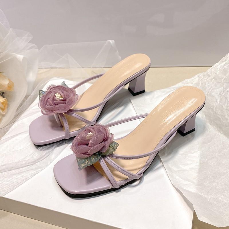 Fashion Spring New Vintage Flower Shoes Fairy Style Gentle Middle Heel Camellia Thin Heel Simple Is A Versatile Summer Sandals for Women
