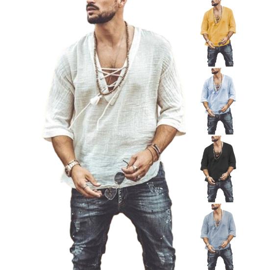 Мужская повседневная хлопково-льняная рубашка с полурукавом, V-образным вырезом и шнуровкой, футболки в богемном винтажном пляжном летнем стиле