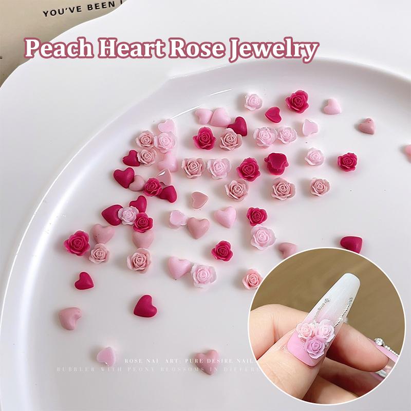 50Pcs Heart Rose Nail Art Decorations Resin Soft Carving Flower Nail Drills Mixed Size Vintage Nail Accessories