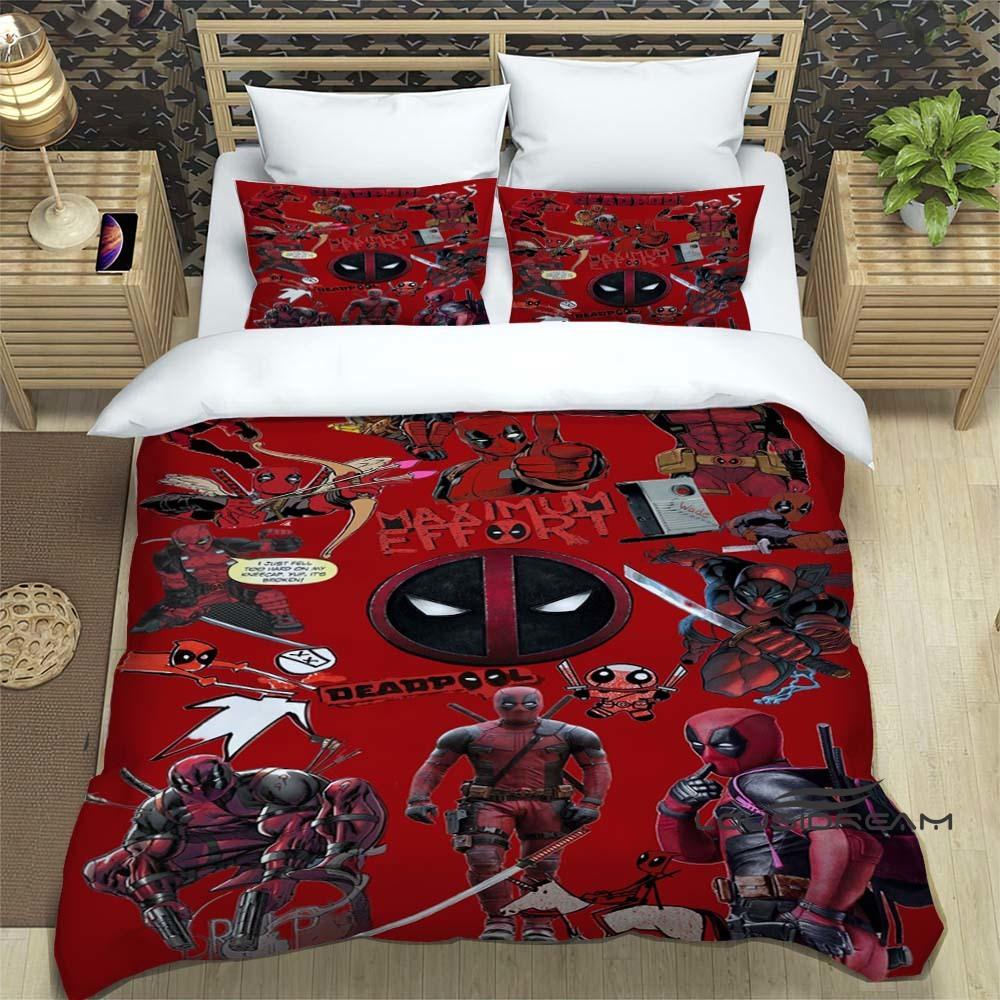 3D printed cartoon Deadpool duvet cover and pillowcase bedding set, suitable for boys and girls' bedroom decoration, children's