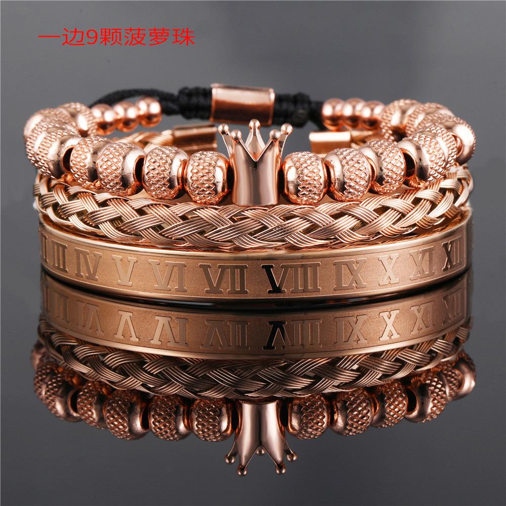 European and American retro crown woven bracelet, Roman letter stainless steel mesh open bracelet set three pieces men
