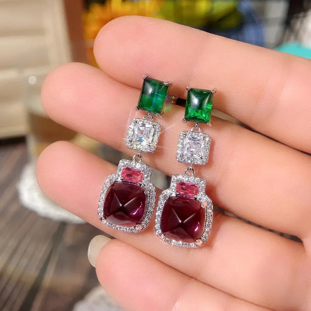 Женские асимметричные серьги с разноцветными камнями фиолетового, красного, зеленого и белого цветов, роскошная модная бижутерия для вечеринок