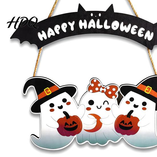 Festival Hanging Sign Happy Halloween Ghost Door Sign, Wooden Three Entrance Plaque Hanger, Front Wall Party Supplies Boxwood Pendant