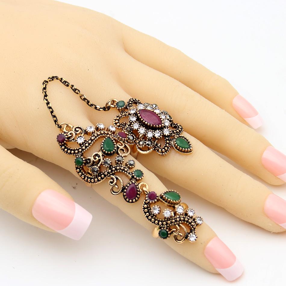 Turkish Double Finger Rings For Women Flower Ethnic Jewelry