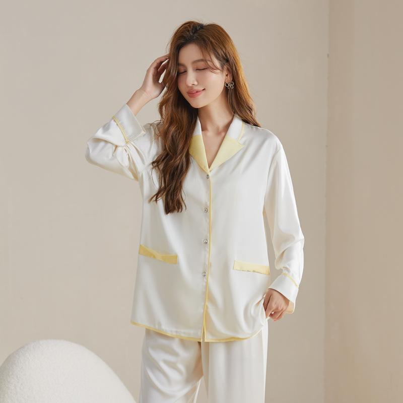 Пижама из ледяного шелка для весны и осени, женская, гладкая, утягивающая, однотонная, из двух частей, с длинными рукавами, домашняя пижама