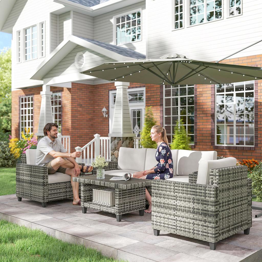 Six-Piece Modular Rattan Sofa Set - Light Grey
