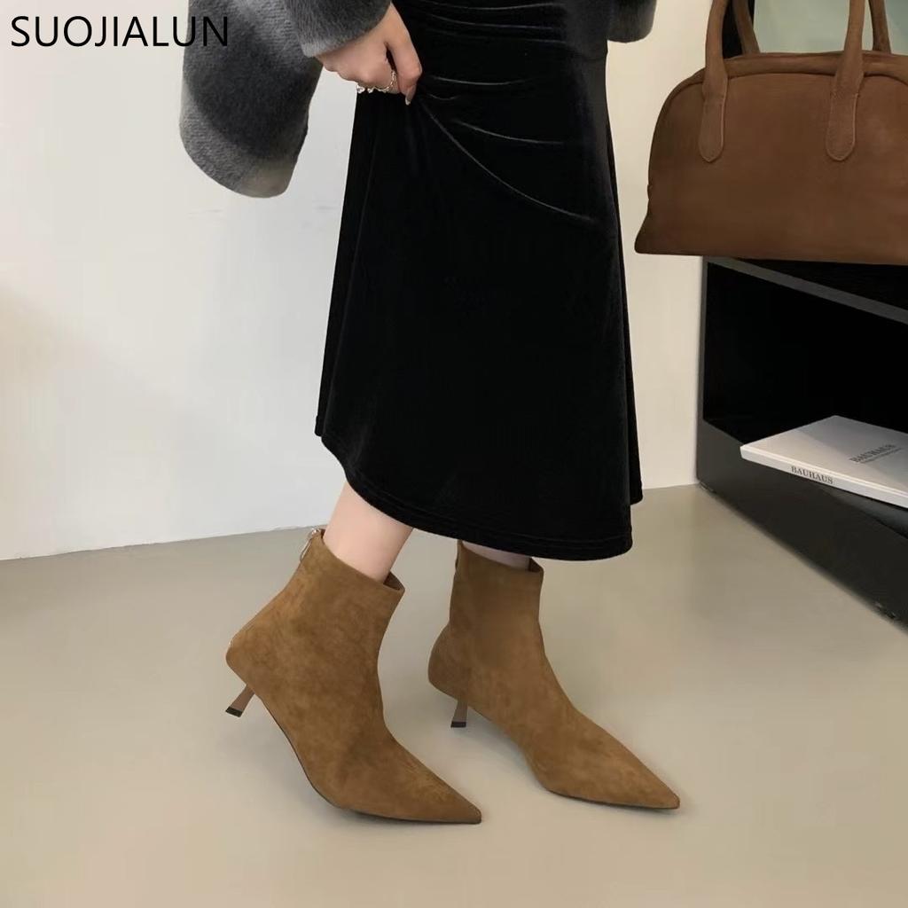 SUOJIALUN  Winter New Brand Women Short Boots Fashion Pointed Toe Ladies Elegant Ankle Boots Thin High Heel Dress Pumps Shoe