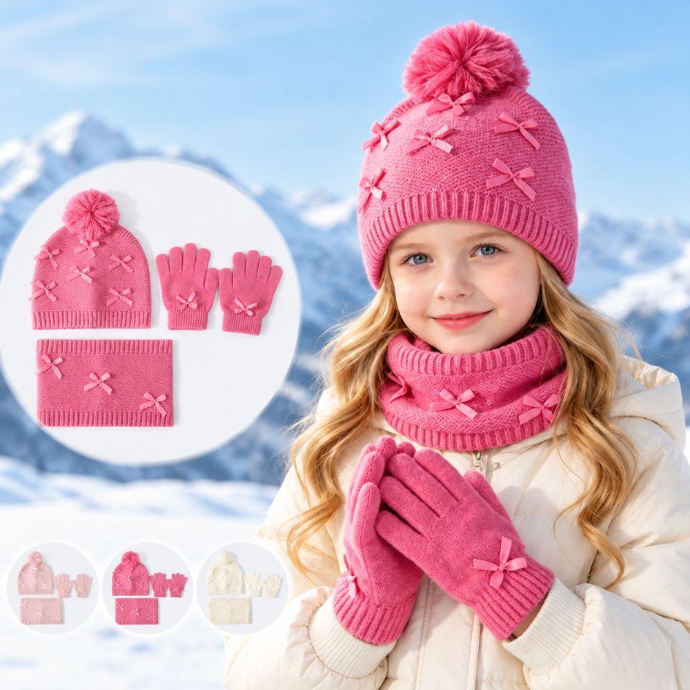 3pcs Keep Warm Knit Hat Scarf Gloves Set With Bow Neck Warmer Soft Kids 3-Piece Kit 1-6Y