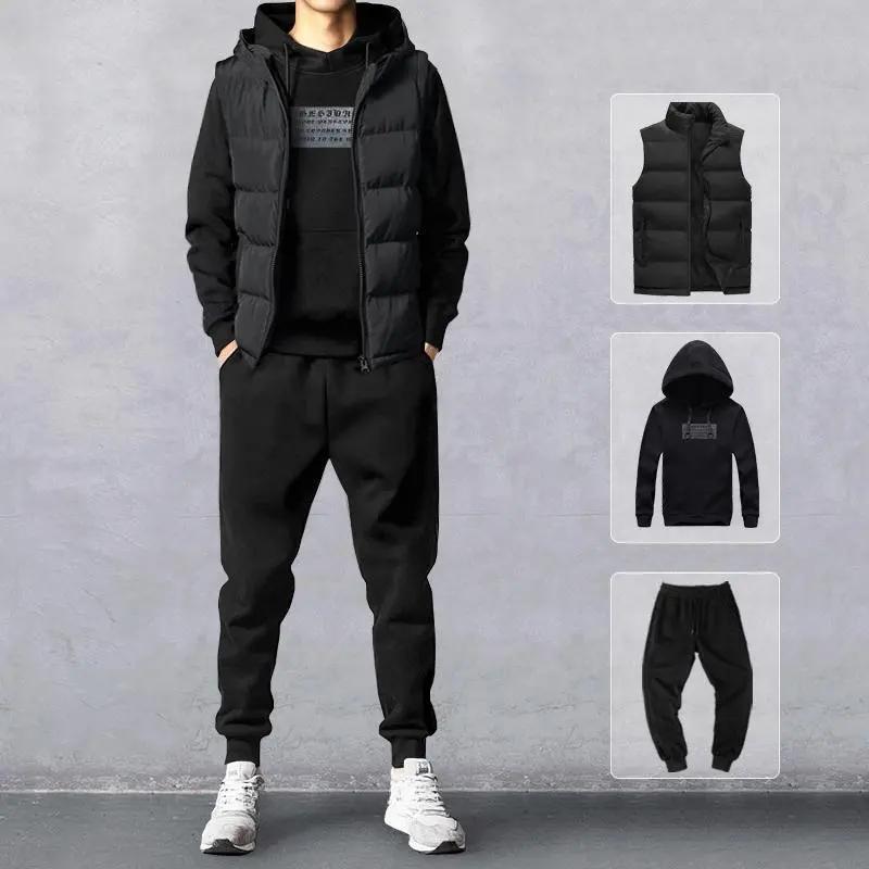 Three-piece Suit Men's Autumn and Winter Hooded Sweater Plus Velvet Clothes Vest Jacket Pants Sports Suit Men's Suit