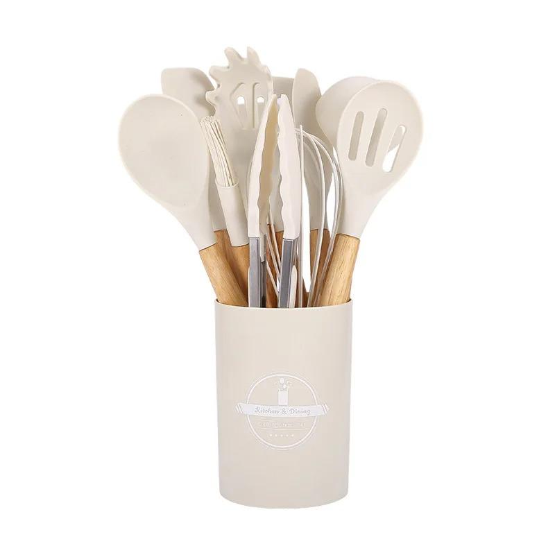 12PCS Silicone Kitchenware Non-Stick Cookware Kitchen Utensils Set Spatula Shovel Egg Beaters Wooden Handle Cooking Tool Set