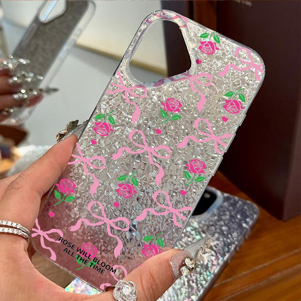 Чехол для iphone 11 16 Plus 15 XR 17 Pro XS Max 12 13 14 18 Pro Max Air Серебристый Блеск Трескающийся Фон Банты и Розы