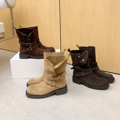 Увеличение высоты .5см~ Майяр толстый каблук толстая подошва ремешок с пряжкой коровья замша высокий каблук короткие ботинки женские осенние ботинки Мартин