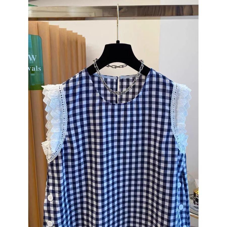 Premium lace splicing sleeveless top women's summer new loose foreign style shirt black and white plaid doll shirt