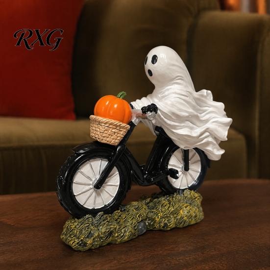 Ghost Figurine for Halloween Decoration Riding Motorcycle Figurine, Novelty Rider Resin Small with Pumpkins Statue Pumpkin Indoor Home Desk