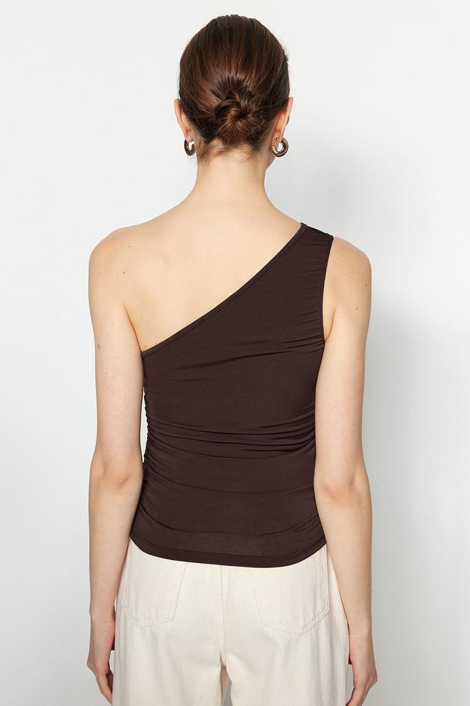 Women's Fashion Fitted One-Shoulder Stretchy Knitted Blouse with Brown Gather Detail