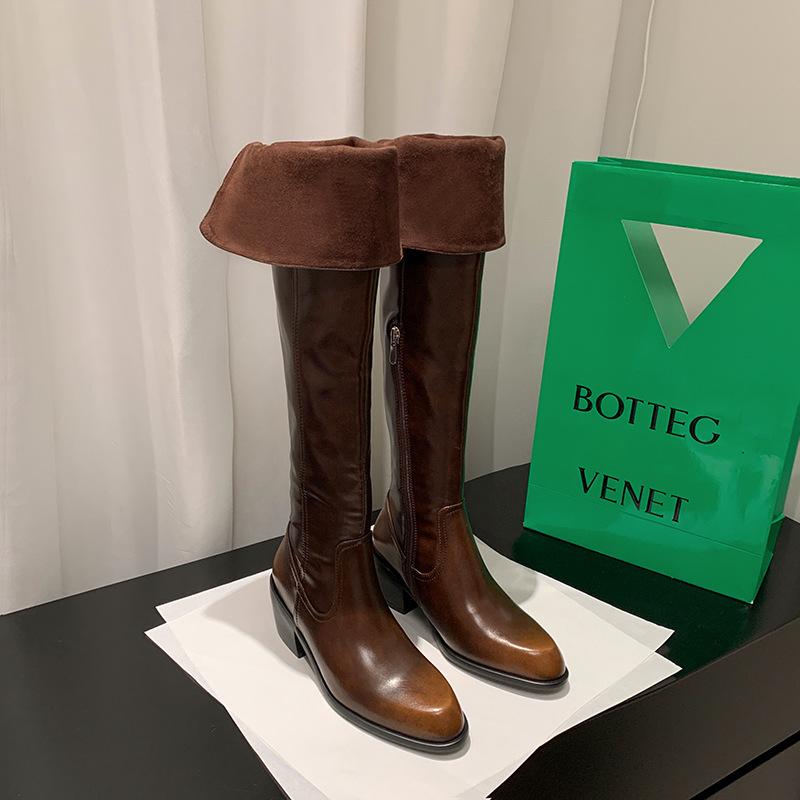 2025 New Sexy Skinny Legs Premium Cowhide Over Knee Boots Long Boots Pointed Middle Heel Side Zipper Full Leather Women's Boots