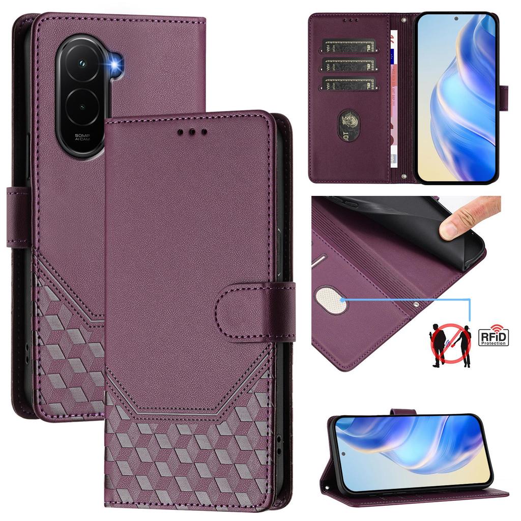 Для Xiaomi Poco M7 Plus 5G/M7 4G (169 мм) Чехол для телефона из кожи с рисунком в виде сот и защитой от RFID, с ремешком.