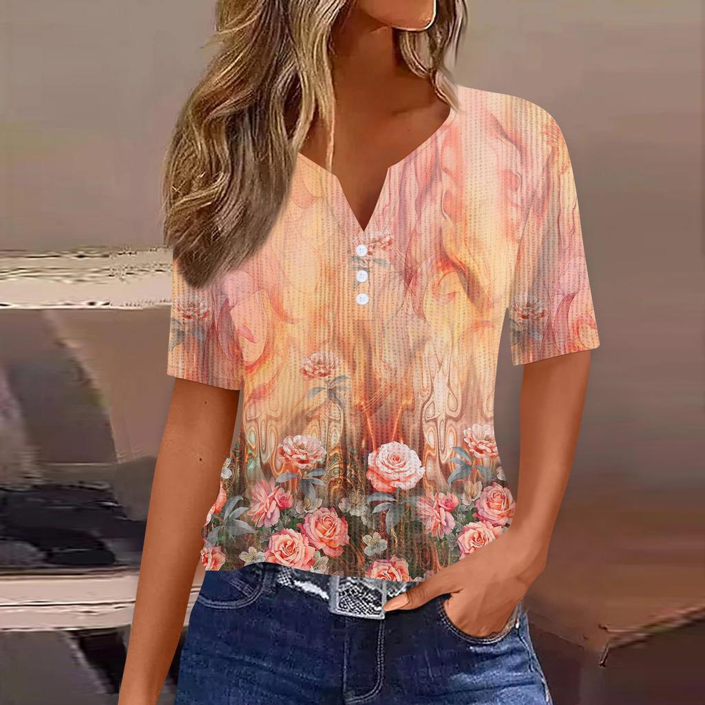 Футболки для женщин, плиссированные, с V-образным вырезом, нарядные, повседневные блузки с принтом, короткие рукава, летние топы, свободный крой