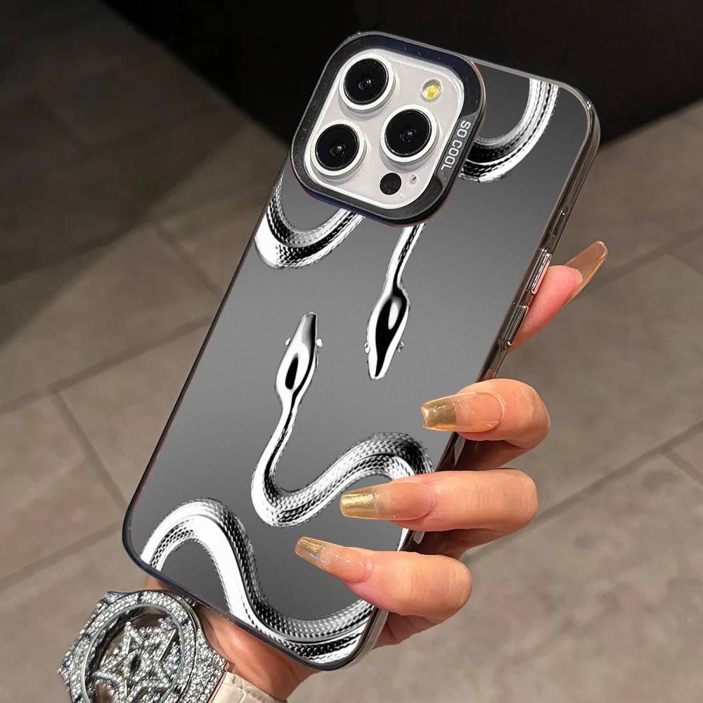 Stylish Black S-Snake Print Phone Case For iPhone 17,16,15,14,13,12,11 Plus,Pro Max,XS,Colored Silver Plated Inside Cover