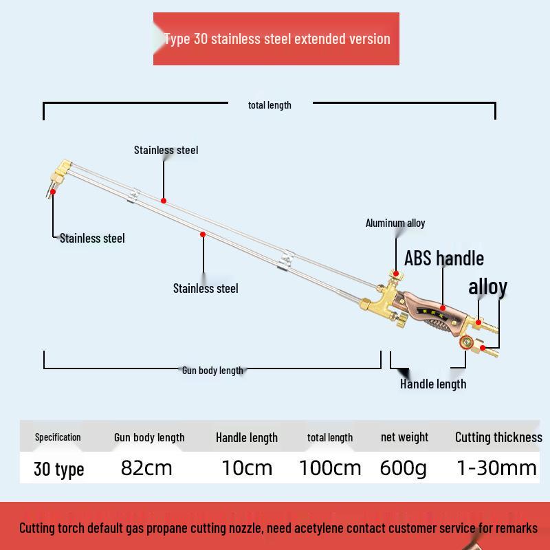 All-Copper Stainless Steel Extended & Thickened Oxygen Acetylene Cutting/Welding Torch Injector, Model G01-30/100/300.