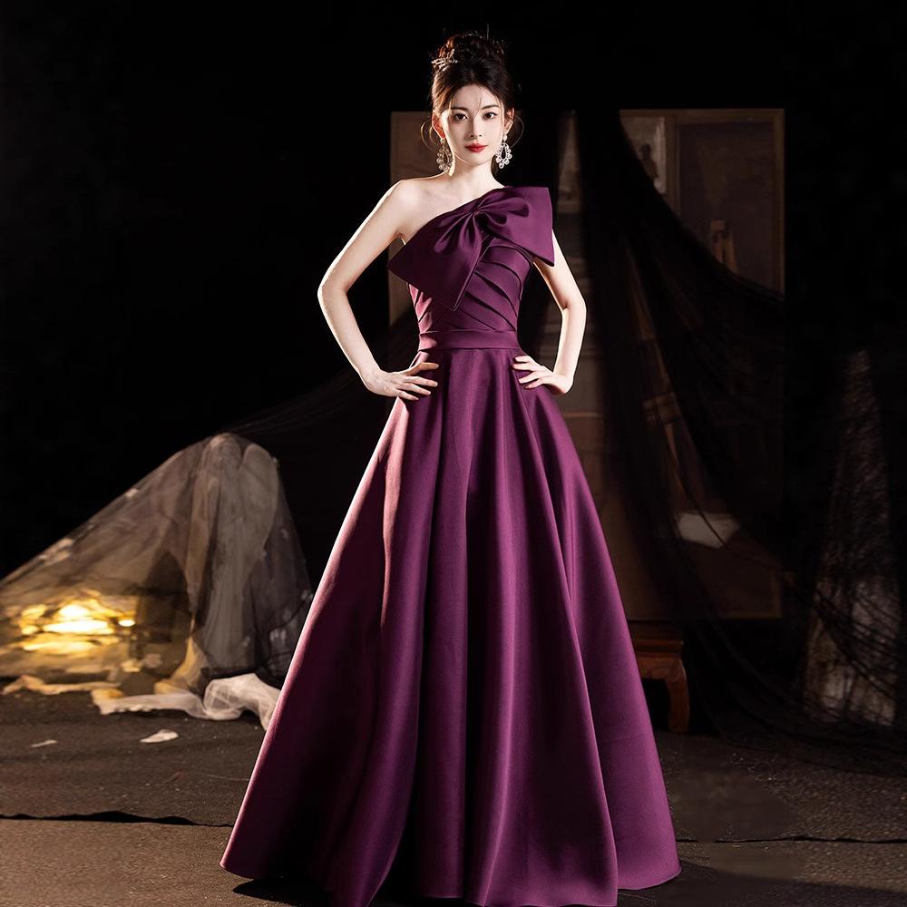 Bow evening dress light luxury niche sexy shoulder banquet host dress art exam performance graduation dress