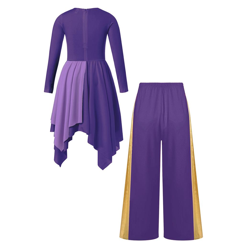 Костюм для танцев для девочек с длинными рукавами, металлизированное асимметричное платье, контрастные цветные пэчворк, широкие брюки