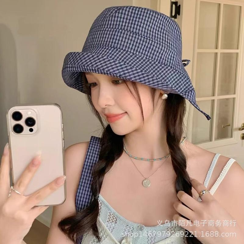 Plaid octagonal hat women's literary and artistic small fresh sunshade cap spring and summer cotton face small painter hat