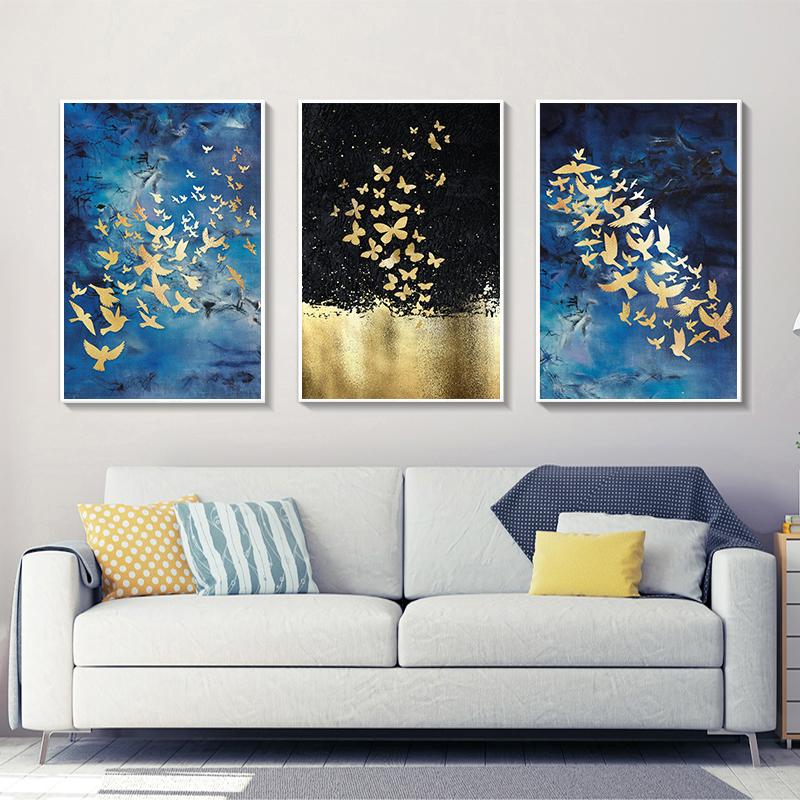 Золотая птица, бабочка, настенное искусство, холст, абстрактная живопись, плакаты на скандинавскую тему и принты, декоративные картины для гостиной, домашний декор