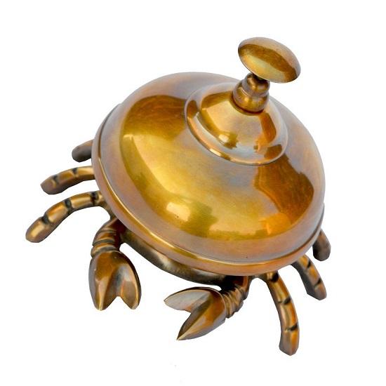 Старый антикварный твердый латунный краб, стойка регистрации, розничная торговля, магазин, звонок, звонок, звонок в отеле, звонок