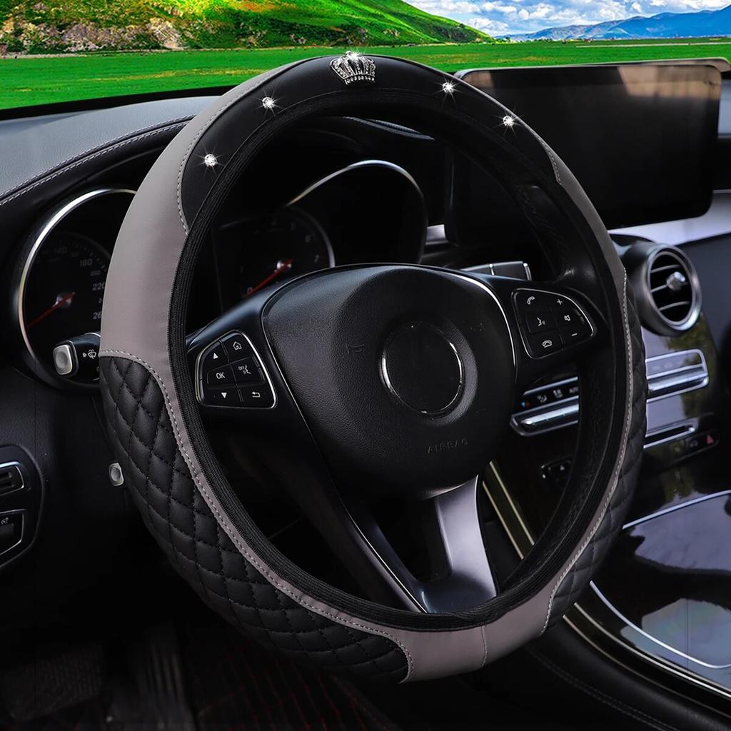 Кожаная Карбоновая Подушка Руля с Искусственными Алмазами для Автомобиля без Внутреннего Кольца Чехол на Руль Автоаксессуары Размер Руля 14.5-15 ДЮЙМОВ