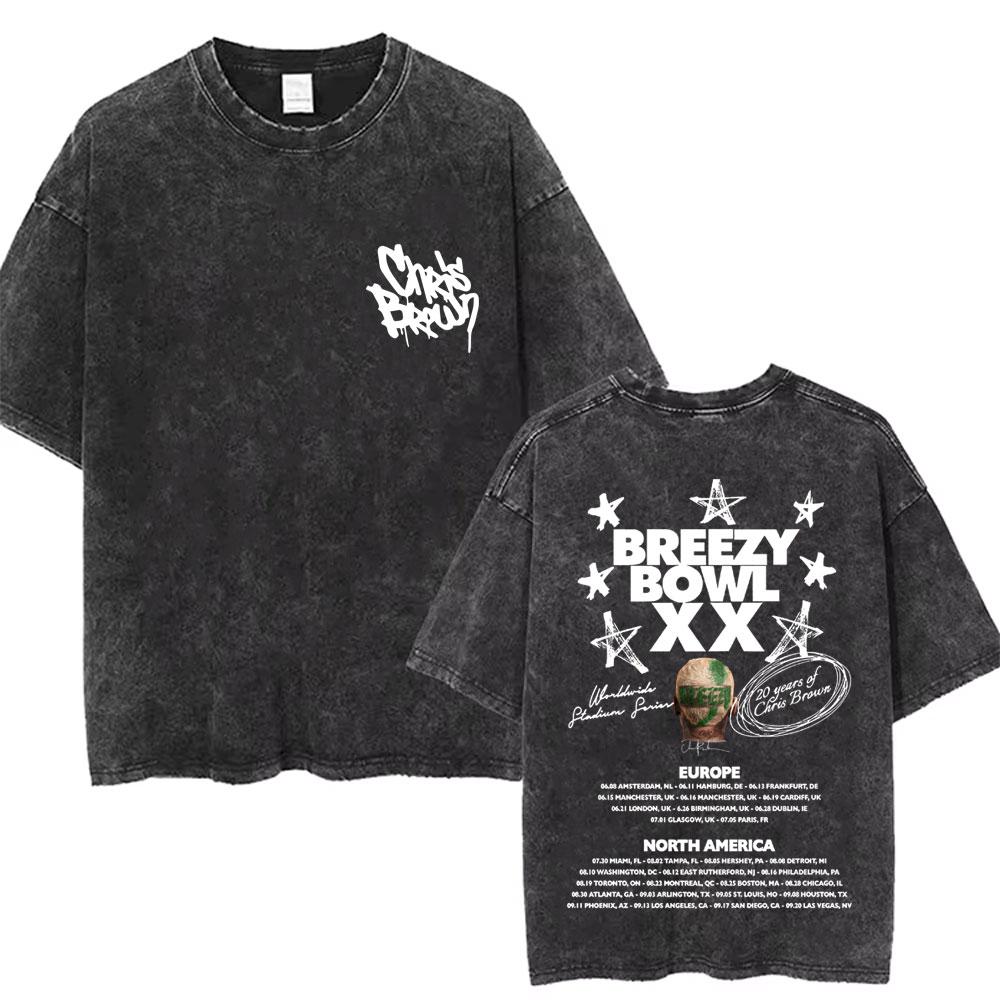 Washed Chris Brown Music Album Cover Print Tshirt Breezy Bowl XX Tour Merch T Shirts Men Women Hip Hop High Quality Tshirt