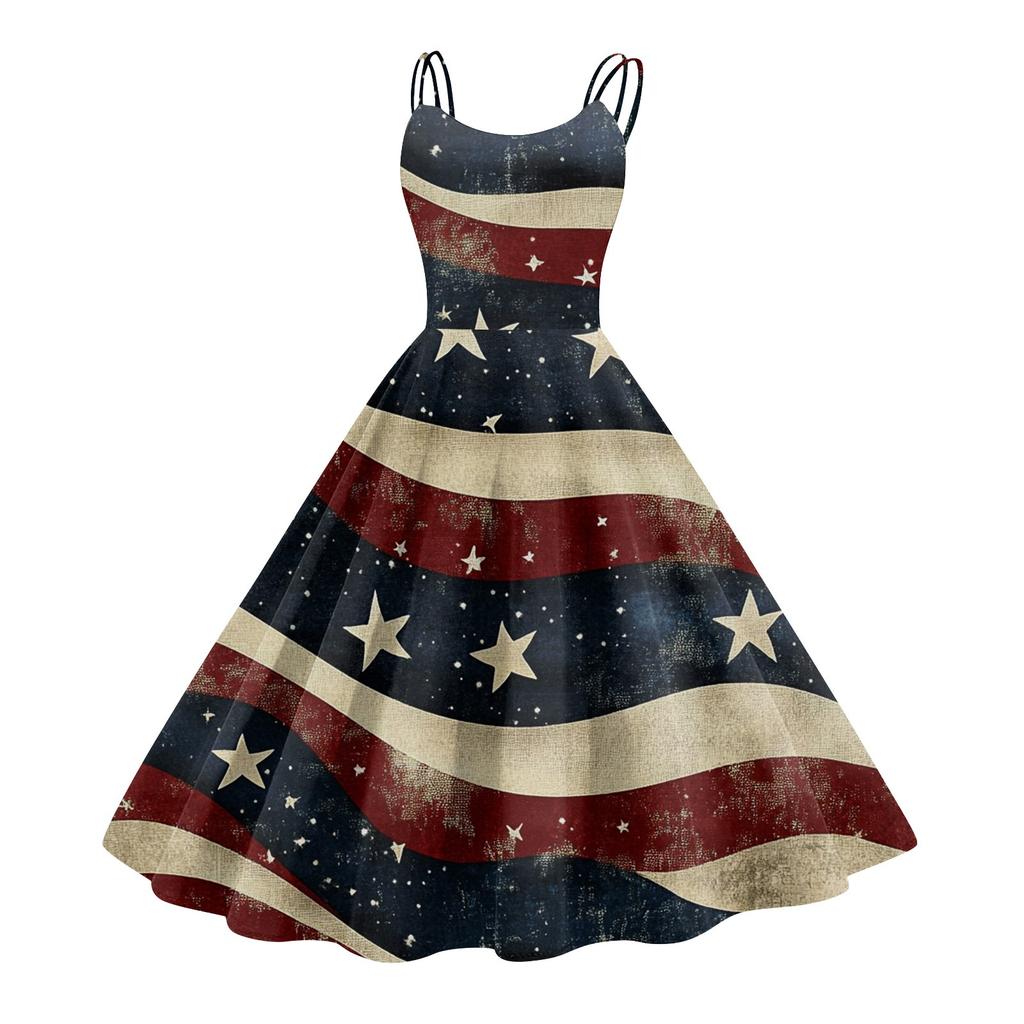 Women's Patriotic Starry Night Dress Sleeveless American Flag Design, Perfect for Celebrations & Summer Events