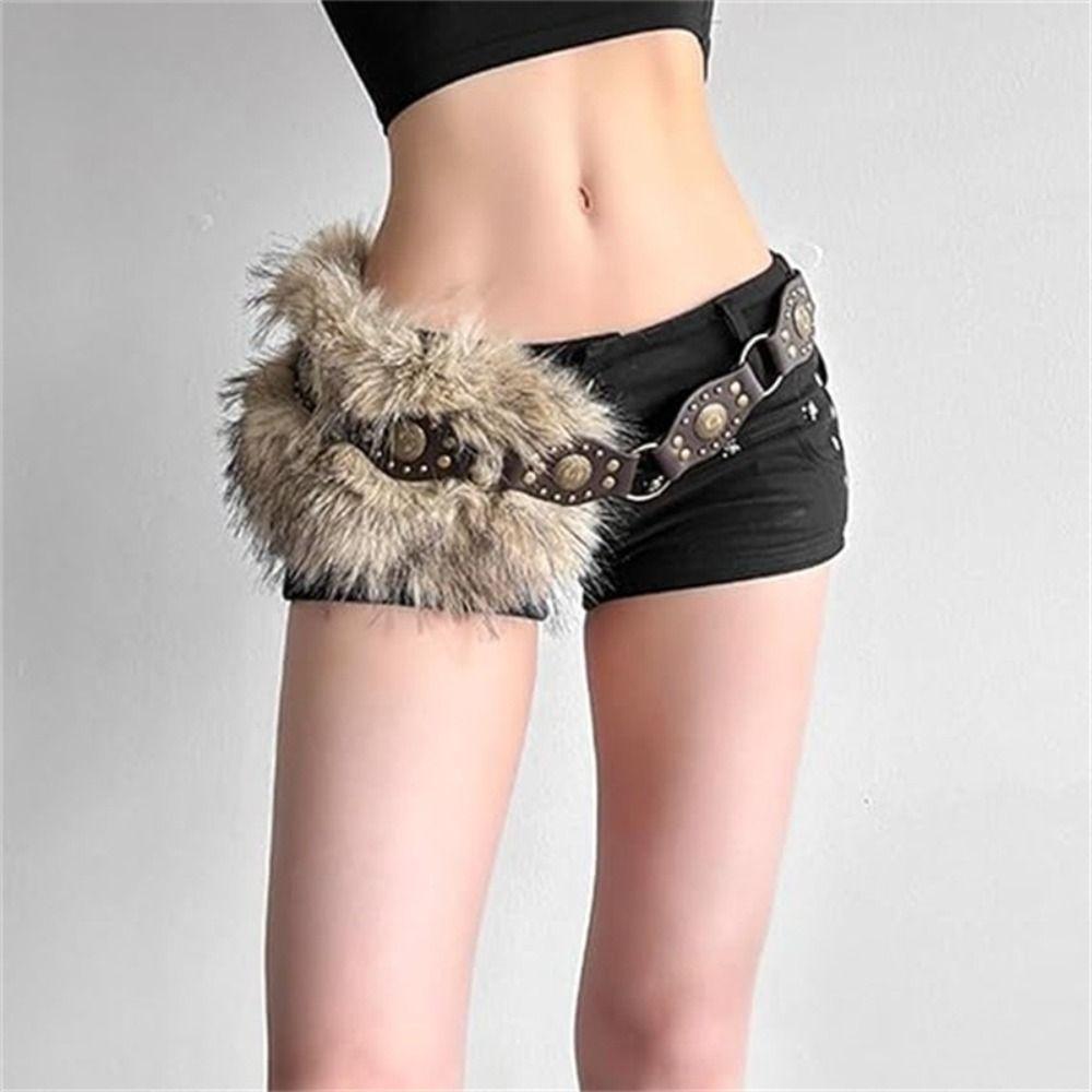 Faux Fur Plush Waistband Adjustable Jeans Waist Belt Unique PU Plush Belt Y2K Style
