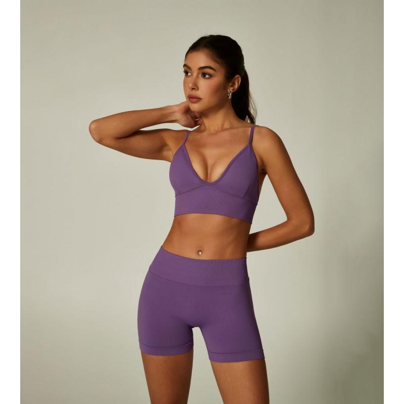 Womens Seamless Yoga Set With Deep V Sports Bra High-Waisted Legging Shorts Breathable Nylon Spandex Workout Outfit