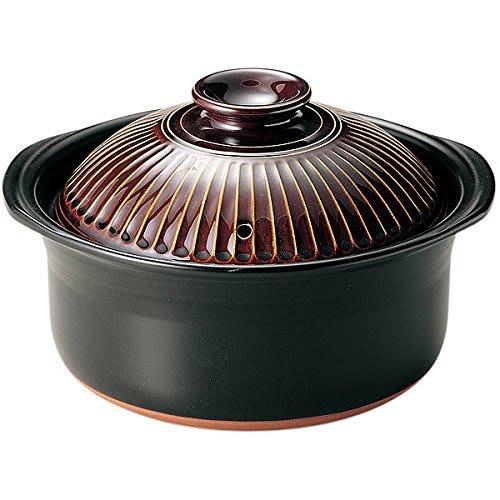 Banko Ware Ginpo Pottery Chrysanthemum Rice Pot (Ame Glaze, 5-cup capacity)