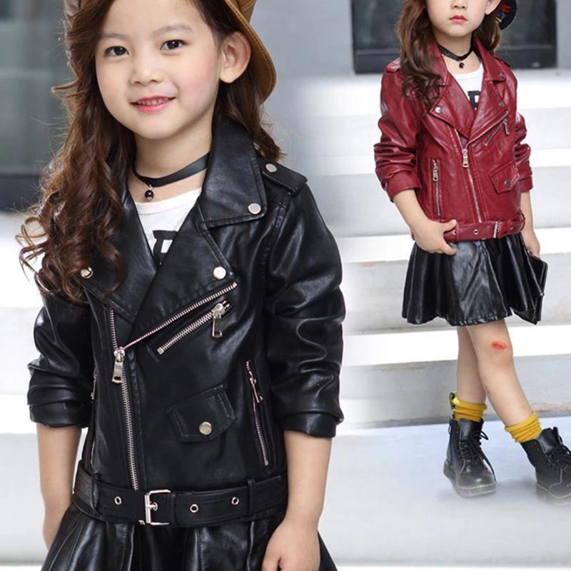 Детская куртка из искусственной кожи весна-осень для девочек, байкерская верхняя одежда, однотонное пальто на молнии с поясом