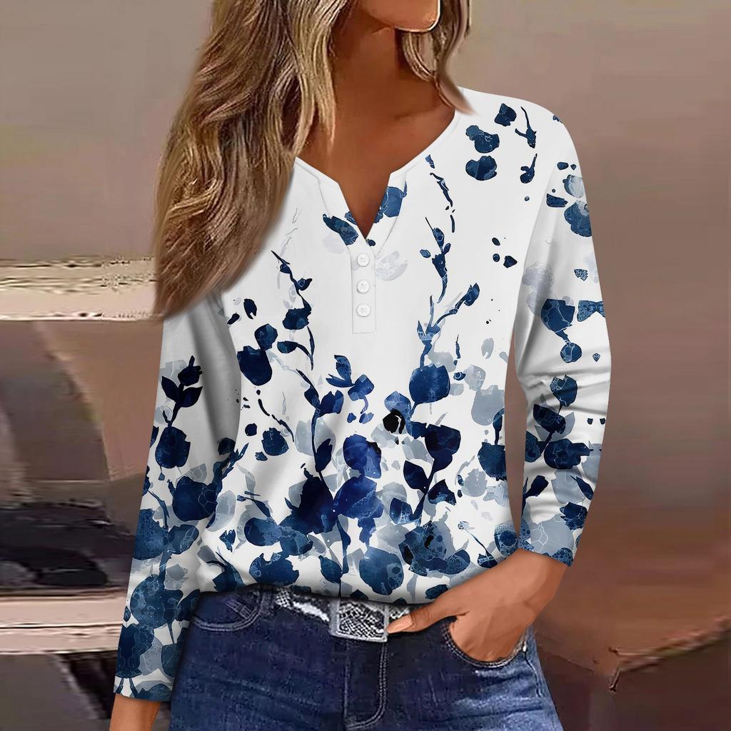 Women's T Shirt Tee Button Floral Print Long Sleeve Daily Weekend Fashion Basic V-Neck Regular Top