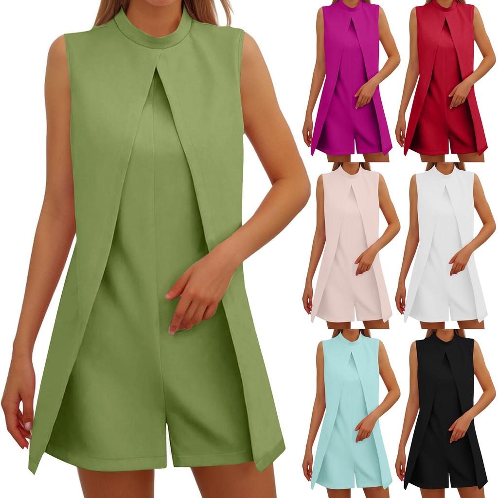 Женский повседневный однотонный комбинезон без рукавов с воротником-стойкой и застежкой-молнией сзади