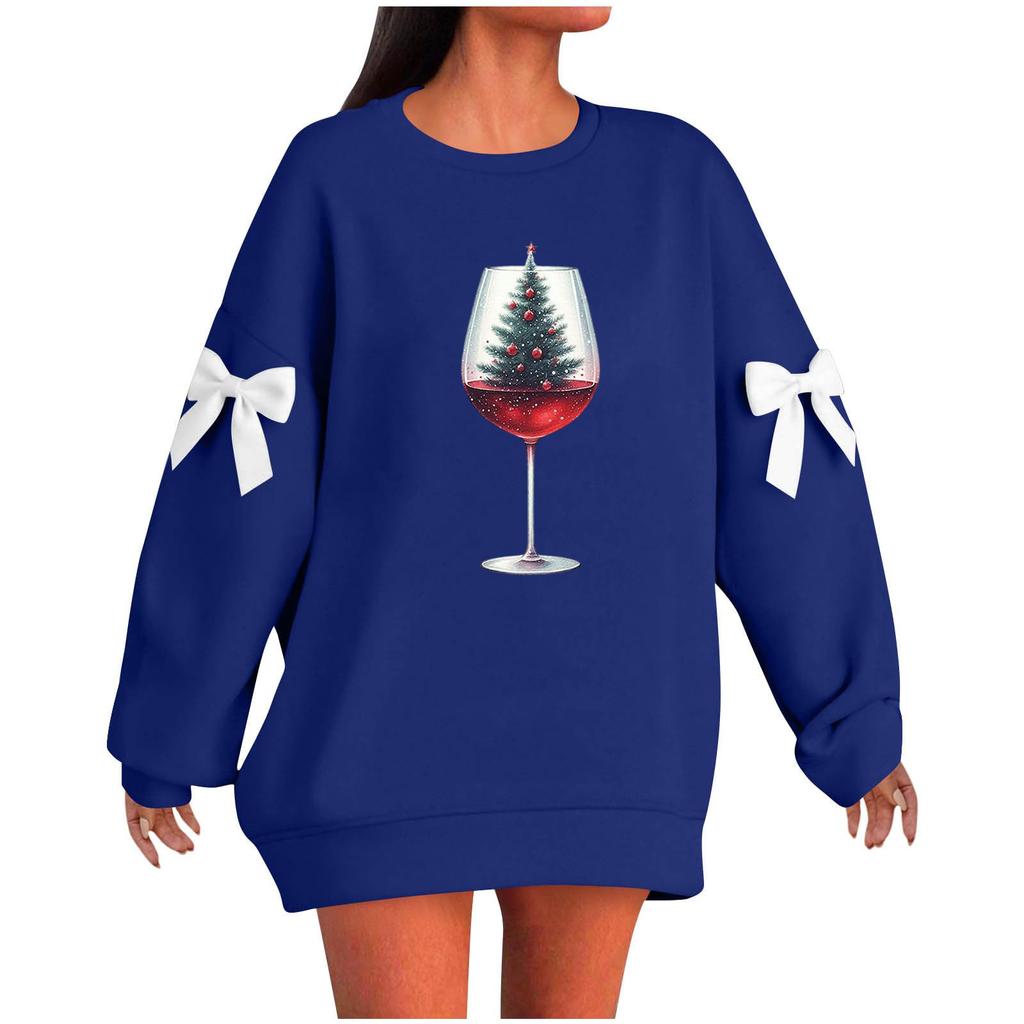 Ladies' Christmas Printed Bow Round Neck Long Sleeved Loose Pullover Sweater Sweatshirt Top