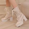 Round Toe Platform Super High Thick Heel Floral Lolita Style Girl's Mid-Calf Boots Breathable Lining Autumn New Sweet Boots