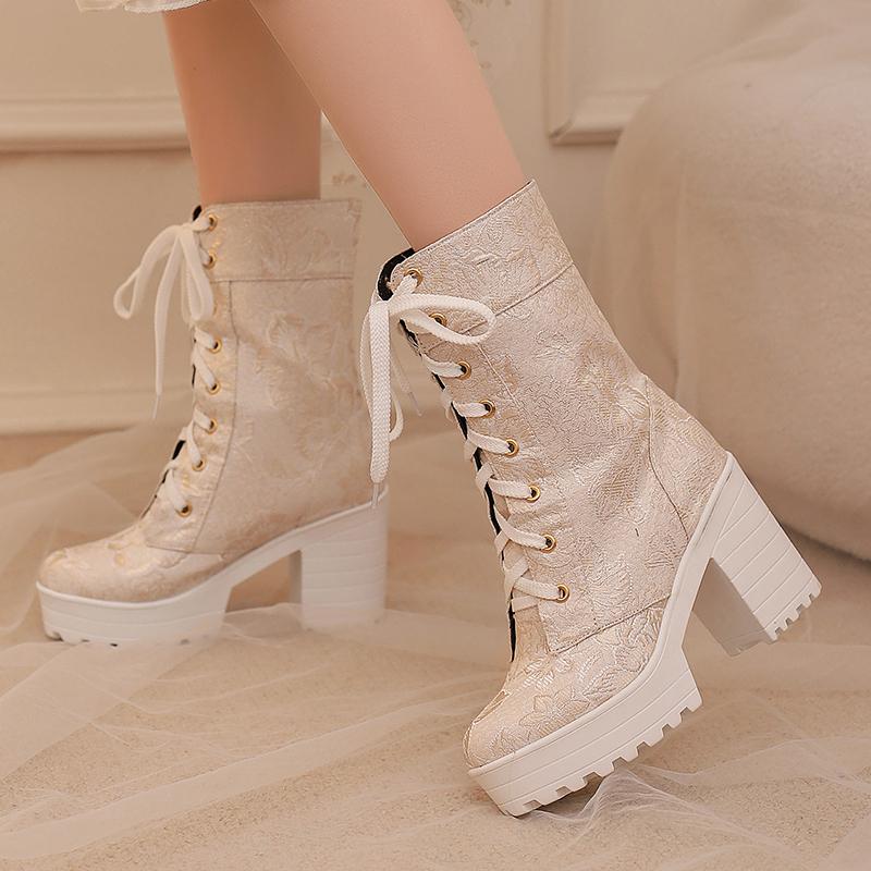 Round Toe Platform Super High Thick Heel Floral Lolita Style Girl's Mid-Calf Boots Breathable Lining Autumn New Sweet Boots
