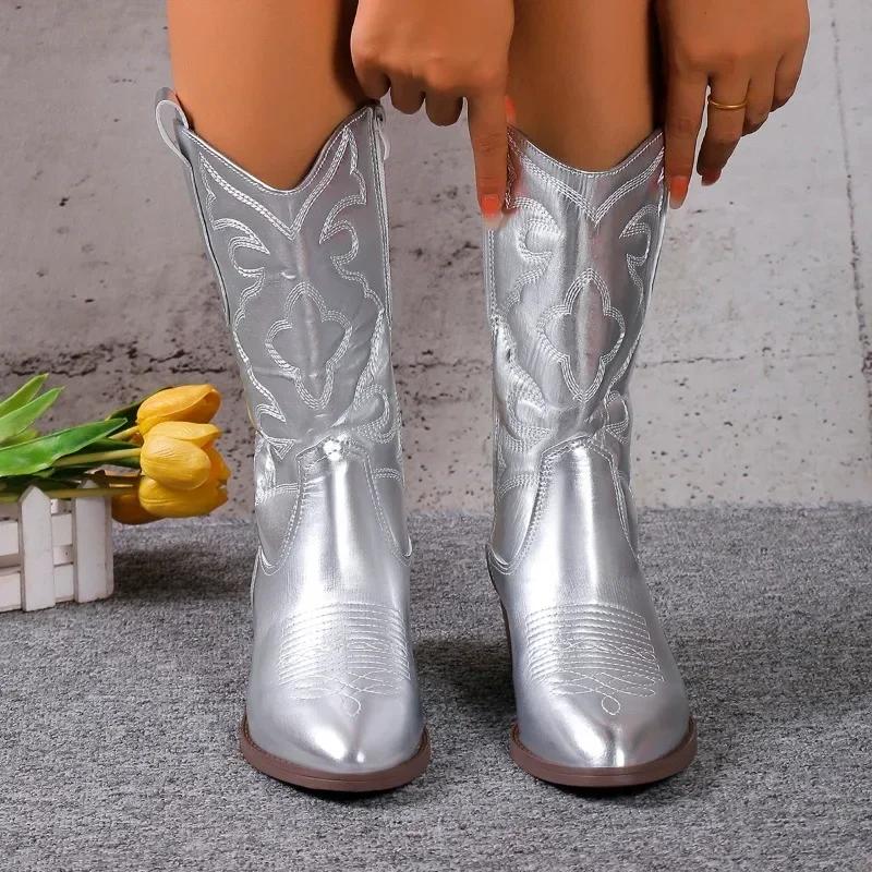 2024 Новые популярные однотонные женские ковбойские сапоги с вышитым острым носком на толстом каблуке, ботильоны в стиле вестерн, женские сапоги