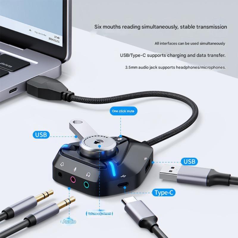 USB-адаптер звука Внешняя звуковая карта с 3x3,5 мм, 2xUSB, 1xType C Порт Подходит для ПК, Мобильного телефона, Ноутбука