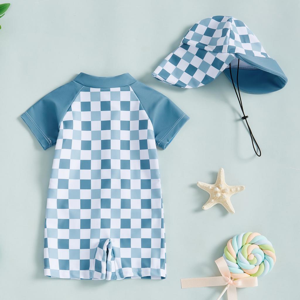 Boys Girls Short Sleeve Swimwear Casual Plaid Print Zipper Rash Guard Swimsuit and Hat Beachwear Bathing Suit